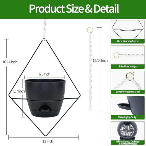 Koalaime Hanging Planters for Indoor Plants, 2 Set Self Watering Hanging Flower Pots, Modern Hanging Plant Baskets with Metal Plant Holder & 6.5 Inch Plastic Pots for Garden Home Decor (Black) - color: Black Frame Black Pot