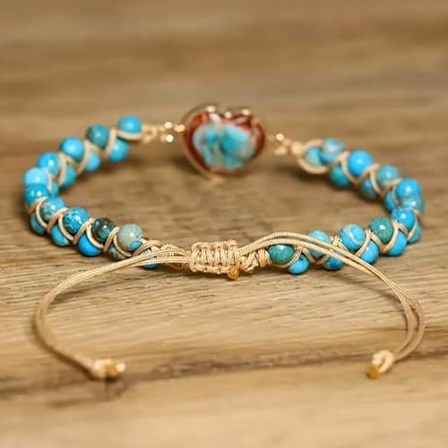 Women Boho Wrap Bracelet,Handmade Natural Stone Crystal Emperor Beads Heart Bracelet, Fashion Bohemian Jewelry Gift for Women - color: Blue #2