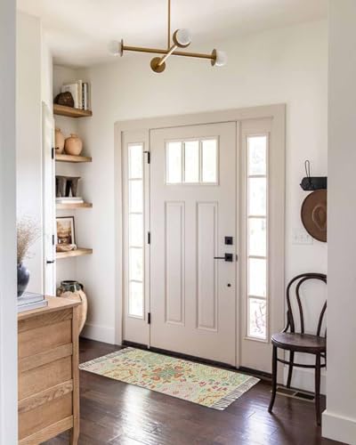 Beige Boho Hallway Runner Rug 2' x 5', Retro Ethnic Shabby Colorful Floral Patterned Washable Kitchen Runner Rug with Tassels, Laundry Room Rugs Woven Cotton Carpet for Bedroom Entryway Front Door - color: Multicolor Linen, size: 2' x 5' (Rectangular)