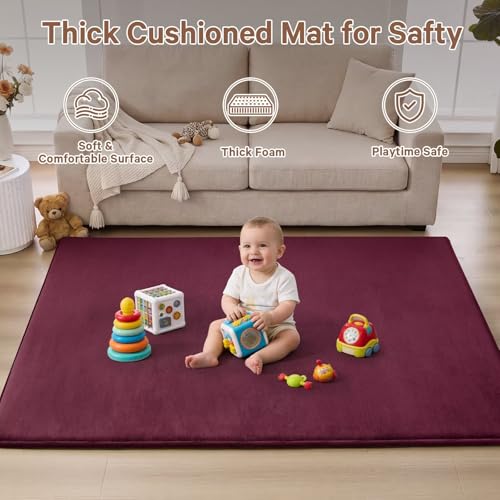 Baby Play Mat for Floor,Ultra Thick Elastic Foam 50"x50" Playmat Tummy Time Muscle Crawling Exercise Activity Cushion Gym Mat Nursery Playroom Area Kids Rug for Babies, Toddlers,Infants,Burgundy - color: Burgundy, size: 50"x50"