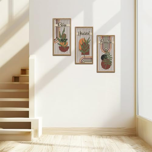 KAIRNE Boho Wooden Wall Art,Bohemian Wood Wall Decor Set of 3(16”X8”),Farmhouse Geometric Wooden Wall Decor,Abstract Minimalist Artwork for Living Room Bedroom Kitchen Office Decoration,Framed - color: Bohemian Wooden, size: 8"L x 16"W