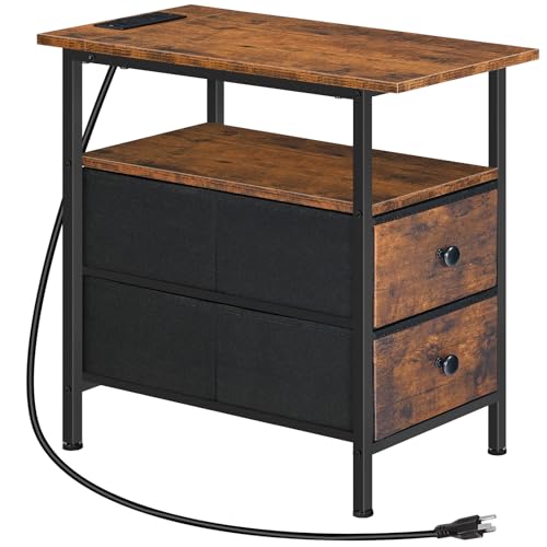 HOOBRO End Table with Charging Station, Narrow Side Table, Nightstand with 2 Non-Woven Drawers, Slim Sofa Side Table, for Small Spaces, Living Room, Bedroom, Rustic Brown and Black BF486UBZ01 - color: Rustic Brown + Black, size: 11.8"L x 18.9"W x 23.6"H
