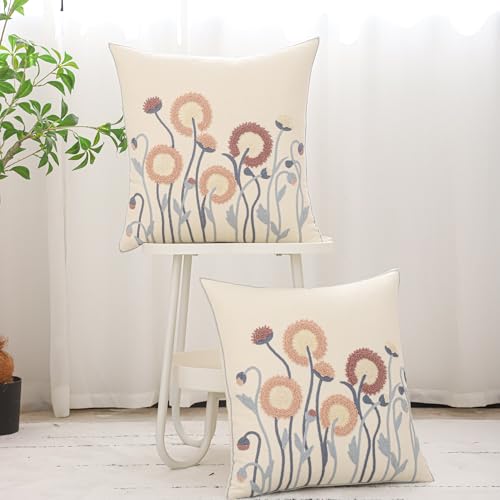 Embroidered Throw Pillow Covers 18x18 Set of 2 Vintage Blowball with Blue Leaves Pillow Cushion Case Decorative Pillowcases Square Rustic Floral Pillow Case Summer Fall Autumn Home Decor - color: Blowball