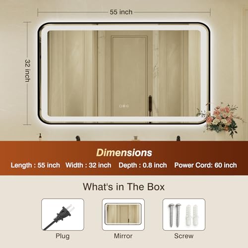 32x55 Inch LED Bathroom Mirror with Black Frame,Front and Backlit Vanity Mirror,Tempered Glass,Stepless Dimmable Wall Mirrors with Anti-Fog, 3 Colors, Memory, Waterproof, LED Smart Bathroom Mirror - color: Black, size: 32"L x 55"W
