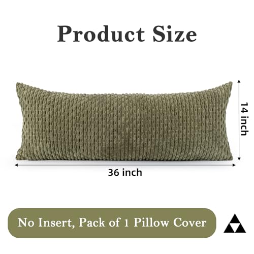 JoraLion 14x36 Boho Decorative Lumbar Throw Pillow Cover, Olive Green Cozy Soft Striped Corduroy Long Rectangle Cushion Case Accent Home Decor for Sofa Bed Room Livingroom, ONLY Cover - color: Olive Green, size: 36" x 14" (Pack of 1)