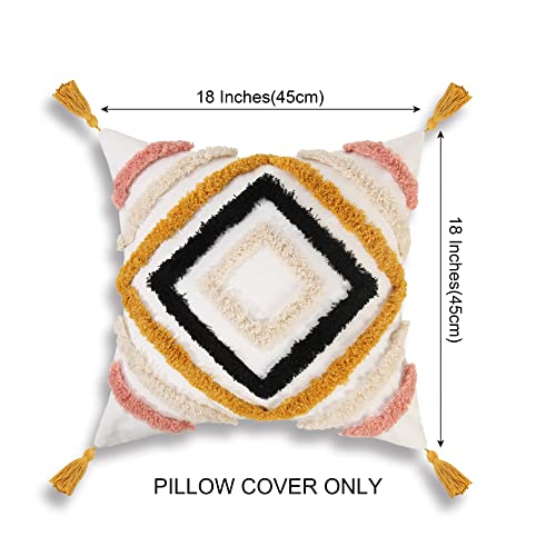 JASEN Boho Throw Pillow Covers, Woven Tufted Decorative Pillow Covers with Tassel Diamond Pattern Pillow Covers for Couch Sofa Bedroom Living Room No Pillow Insert, (Yellow, 18 x 18-Inch) - color: Yellow, size: 18" x 18" (Pack of 1)