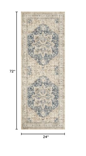 Tortania Area Rug 2x6 Runner Rugs - Washable Vintage Oriental Farmhouse Thin Indoor Carpet for Living Room Bedroom Hallway Entryway Kitchen Under Dining Table Home Office - Cream/Blue - color: Cream/Blue, size: 2' x 6' (Runner)