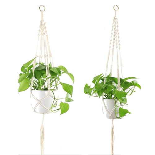 Macrame Plant Hanger Indoor Hanging Planter Basket with Wood Beads Decorative Flower Pot Holder No Tassels for Indoor Outdoor Boho Home Decor 35 Inch, Ivory (Pots Not Included) - style: Style4-2 Pack