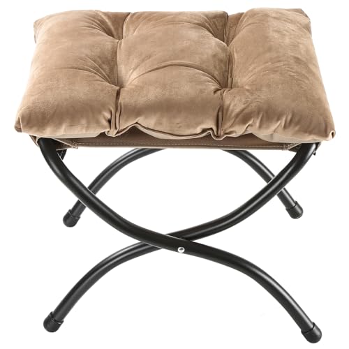 15" Foldable Foot Stool Ottoman with Metal Frame - Washable Khaki Upholstered Indoor/Outdoor Footrest for Living Room, Bedroom, Patio - Space-Saving Compact Design - color: Khaki