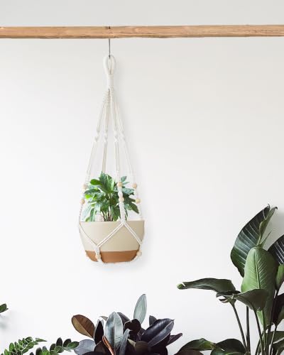 35 Inch Macrame Plant Hanger Indoor with Wood Beads and No Tassels,Strong Hanging Planter Flower Pot Holder for Indoor Outdoor Boho Home Decor,Set of 1,Ivory(Pots Not Included)