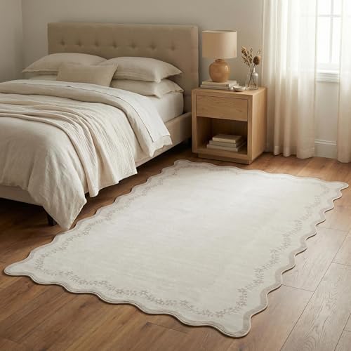 GarveeHome 3x5 Scalloped Washable Area Rug for Bedroom,Soft Solid Beige Entryway Rug Farmhouse Kitchen Mat Non Slip Low Pile Carpet Stain Resistant Throw Rug for Bedside Kids Room Office - color: Beige, size: 3' x 5' (Rectangular)