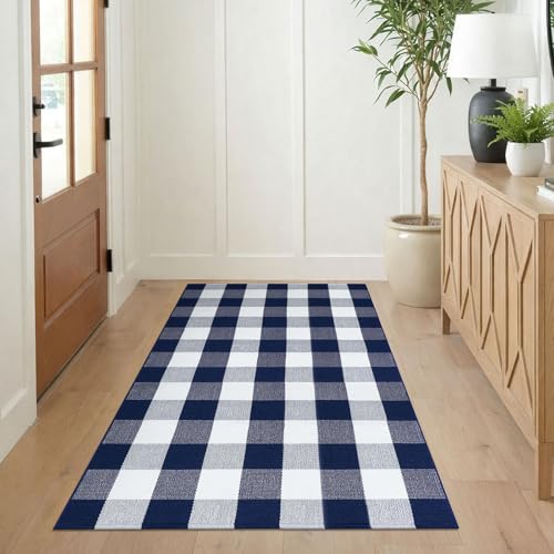 KILOCOCO Buffalo Plaid Checkered Rug 3'x5' Front Door Mat Outdoor Blue and White Rugs Cotton Washable Front Porch Rug Layered Doormats for Patio Farmhouse Entryway Kitchen Laundry Room - color: Blue and White, size: 3' x 5' (Rectangular)