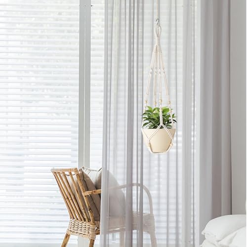 35 Inch Macrame Plant Hanger Indoor with Wood Beads and No Tassels,Strong Hanging Planter Flower Pot Holder for Indoor Outdoor Boho Home Decor,Set of 1,Ivory(Pots Not Included)