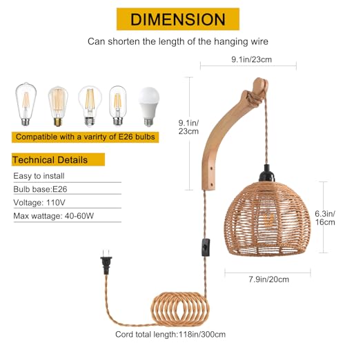Plug in Wall Sconce,Farmhouse Wicker Wall Lamp Plug in,Hand Woven Rattan Wall Light Farmhouse Rustic Boho Sconces Wall Lighting for Living Room Bedroom - color: 7.87IN Rattan, size: 1 PACK
