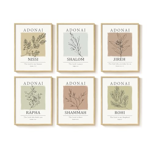 Framed Christian Bible Verse Neutral Wall Art, Minimalist Scripture Religious Canvas Prints, Faith Names of God Boho Botanical Leaf Artwork for Bedroom Living Room Office Hallway Wall Decor, 11x14 In - color: Muted Neutrals, size: 11" W x 14" H x 6Pcs