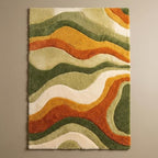 Hand Tufted Abstract Area Rug Wool Modern Wavy Pattern Carpet in Rust Orange Olive Green Cream for Living Room Bedroom Boho Decor Soft Plush Handmade Contemporary Floor Rug (2x2 ft / 60x60 cm)