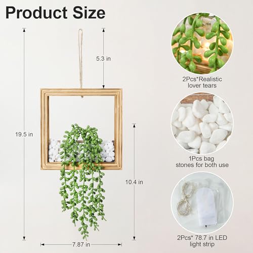 2 Pack Fake Plants Hanging, Artificial Succulents Plants in Square Wooden Frame with Glow Accents, Boho Wall Decor for Office Living Room Bathroom Bedroom Kitchen Indoor Outdoor, Burnt Wood - color: Burnt Wood