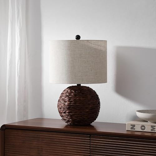 JONATHAN Y 21.5" Dark Brown Modern Coastal Woven Rattan Globe LED Table Lamp for Bedroom, Oatmeal Linen Drum Shade, LED Bulb Included, Rustic Bedside Lamp for Living Room (JYL6514B) - color: Dark Brown