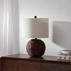 JONATHAN Y 21.5" Dark Brown Modern Coastal Woven Rattan Globe LED Table Lamp for Bedroom, Oatmeal Linen Drum Shade, LED Bulb Included, Rustic Bedside Lamp for Living Room (JYL6514B) - color: Dark Brown
