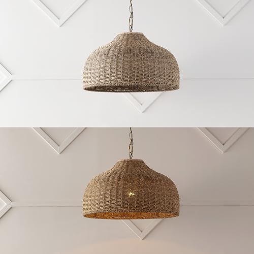 JONATHAN Y 20" Brown/Brass Gold 1-Light Rattan and Iron Dome Pendant Light, Adjustable Height Coastal Bohemian Hanging Lamp for Kitchen Island, LED Bulb Included JYL1133A