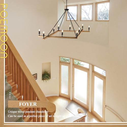 Farmhouse L53'' Wooden Square Chandelier Natural 10-Light Rustic Rectangular Candle Chandeliers Long Ceiling Pendant Lighting for Living Dining Room Foyer Kitchen Bedroom High Ceiling,E12 - color: Natural, size: 53 inches