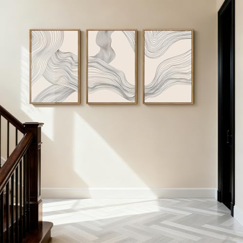 Beige Abstract Wall Art Framed Neutral Modern Canvas Wall Decor Minimalist Line Wave Painting16x24 Inch Pictures Set of 3 for Living Room Bedroom Dining Room - color: Beige Line, size: 24"L x 16"W