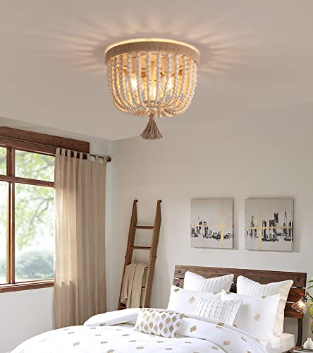 AMZASA Boho Flush Mount Ceiling Light Wooden Beaded Hepm Rope Oak Withe Farmhouse Beaded Chandelier Light Fixture 3 Lights for Nursery Bedroom Hallway Entryway - color: Hemp Rope