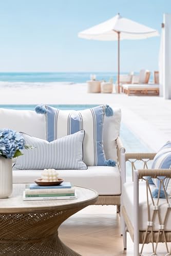 Hofdeco Premium Coastal Hampton Outdoor Performance Lumbar Pillow Cover Only, 12"x20" Water Repellent, UV and Fade Resistant for Backyard, Couch, Poolside, Azure Blue Indigo Woven Coastline Stripes - color: Azure Blue Indigo Coastline Stripes 12"x20"