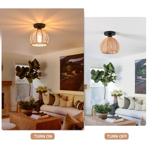 Hand-Woven Rattan Flush Mount Ceiling Light,Farmhouse Light Fixtures Ceiling Mount Boho for Hallway Bedroom Kitchen Entryway Living Room - color: 7.87 IN Rattan 1 Pack