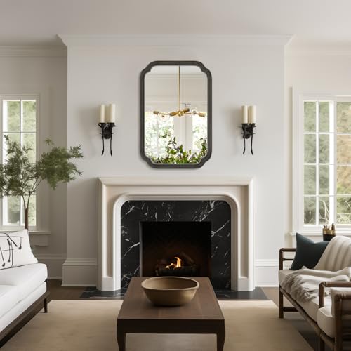 WallBeyond 20" x 30" Rounded Corner Arch Wall Mirror with Wood Frame for Entryway, Living Room or Bedroom Home Decor - Light Woodgrain [20" x 30" Black] - color: Black a, size: 30"L x 20"W
