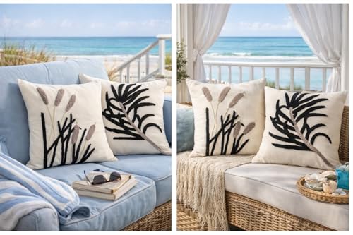 Coastal Growth Decorative Throw Pillow Cover | Tufted Botanical Design | Handmade Artisan Accent Pillow | Neutral Cream & Black Modern Organic Home Decor | 16in x16 in | Obsidian Reed