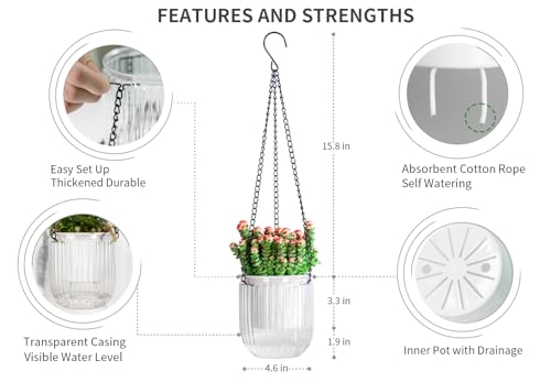 Josteve 4.5 Inch 2 Pcs Self Watering Hanging Planter Indoor Plant Pots Drainage Holes, Outdoor Small Hanging Planters Flower Pot Basket, Visible Water Level, Plant Hanger Home Decor, Gardening - color: White, size: 2*4.5 inch