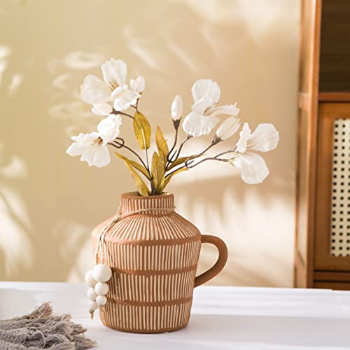 Mowtanco Rustic Farmhouse Vase with Handle and Boho Wooden Beads - Terracotta Vase with Vertical Stripes for Vintage Home Decor - color: Yellow - Wooden Beads