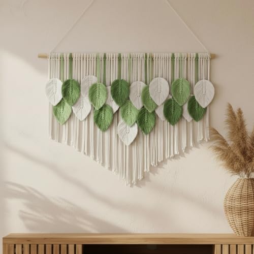 Tempospark Large Macrame Wall Hanging, 39" Wx29 L Boho Wall Hanging, Boho Chic Leaves Tassels Tapestry for Bedroom, Living Room, Dining Room, Nursery, Hallway, Balcony - color: Forest Green, size: 29"L x 39"W