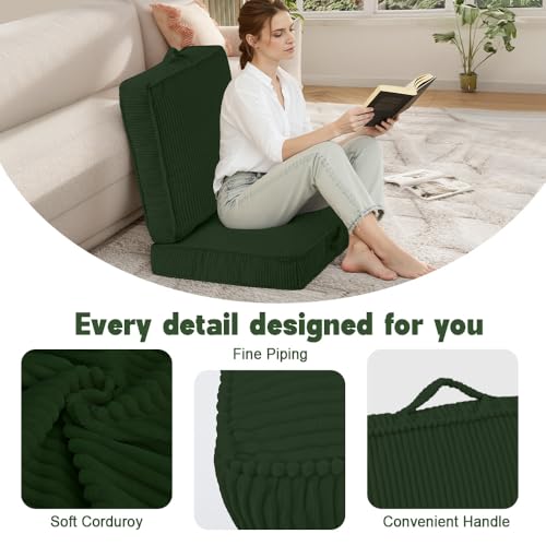 Floor Pillow for Adults Set of 2, 4" Square Floor Cushions with Washable Cover, Large Corduroy Meditation Pillow, 24 inches Tatami Seat with Handle for Living Room or Yoga, Green - color: Green, size: 24x24x4.2 inch
