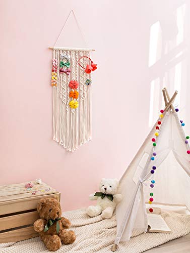 Mkono Macrame Bow Holder Hanging Hair Bow Organizer for Girls Hair Bows,Boho Wall Hair Clips Headband Storage Hanger for Baby Toddler Girls Room, Ivory (Clips and Other Props Not Included)
