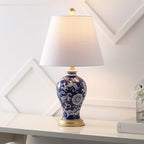JONATHAN Y 24" Navy/White French Country Ceramic Floral Urn Table Lamp, White Linen Shade, Chinoiserie Ginger Jar Bedside Lamp for Living Room Bedroom, LED Bulb (JYL3009E) - color: Navy/White