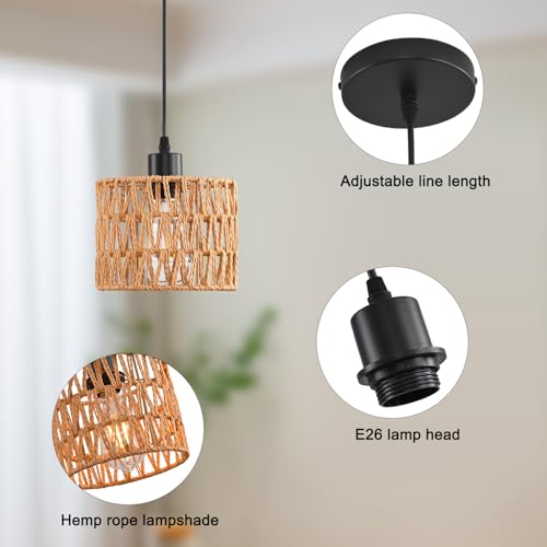 Woven Pendant Light Boho Chandelier, Rattan Pendant Lights Kitchen Island, Farmhouse Pendant Lighting with Hand Woven Wicker Shade, Boho Chandelier Light Fixtures Ceiling Hanging Light - color: 3 Pack Brown