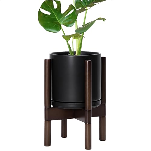 D'vine Dev Ceramic Planter with Walnut Color Stand - 8 Inch Modern Round Flower Pot with Wood Planter Holder, Black, 55-B-Y-2 - color: Black Pot + Walnut Color Stand, size: 8 Inch
