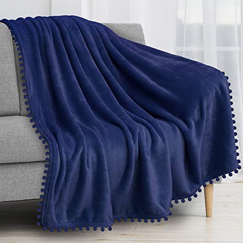 PAVILIA Fleece Throw Blanket for Couch with Pom Pom Fringe, Royal Blue, Soft Cozy Fuzzy Flannel Blanket for Sofa Bed, Lightweight Plush All Season Throw, 50x60 Inches - color: Royal Blue, size: 50"x60"
