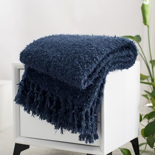 Winter Knit Throw Blanket Fluffy Fuzzy Soft Lightweight Cozy Farmhouse Tassels Chunky Knitted Throws for Couch Sofa Bed (Navy Blue, 50"x60") - color: Navy Blue, size: 50"x60"