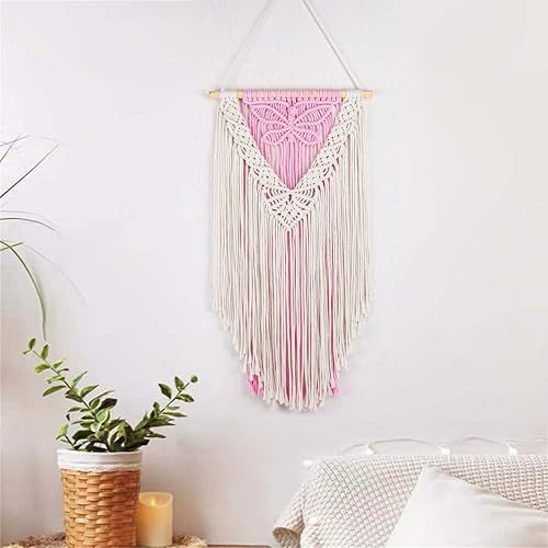 LB Macrame Wall Hanging, Pink Butterfly Tapestry Wall Hanging Decor Boho Art Wall Decor Bohemian Handmade Yarn Macrame Wall Art for Living Room Apartment Office Backdrop,13" W x 25.6" L - color: Beige Pink