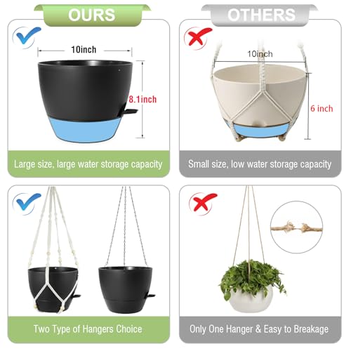 Meowell 10 inch Self Watering Hanging Planters, 2 Pack Hanging Baskets for Indoor Outdoor Plants, Hanging Flower Pots with Drainage Holes & 2 Kinds of Plant Hangers for Garden Home Decor, Black - color: Black
