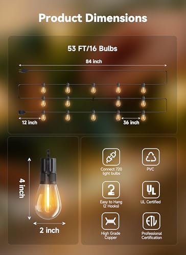 Minetom 53FT Outdoor String LED Patio Lights Waterproof,Shatterproof S14 Vintage Edison Bulbs,Commercial Grade Outside Hanging Lights Waterproof for Porch Deck Garden Backyard Balcony Cafe Bistro - size: 53 FT(16 Sockets)