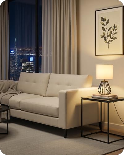 Small Table Lamp for Bedroom, Modern Bedside Lamp with White Linen Lampshade & Black Metal Base, 2700K LED Bulb Included, Decorative Nightstand Lamp for Living Room, Entryway, W06TL05 - color: White + Black