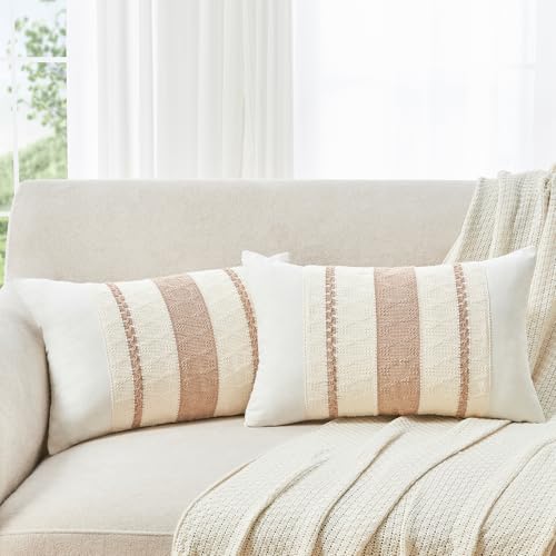 Throw Pillow Covers Set of 2 12x20 Inch Boho Pillow Covers, Soft Lumbar Neutral Cotton Decorative Case for Couch Sofa Bed Living Room, Home Modern Woven Farmhouse Cute Decor - color: Neutral, size: 20" x 12" (Pack of 2)