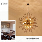37.4" Farmhouse Sputnik Chandelier for Dining Room Rustic Handmade Natural Wood 18-Light Hanging Ceiling Pendant Light Fixture Starburst Wood Chandeliers for Kitchen Bedroom Foyer Hallway - size: Diameter 37.4", 18-Light
