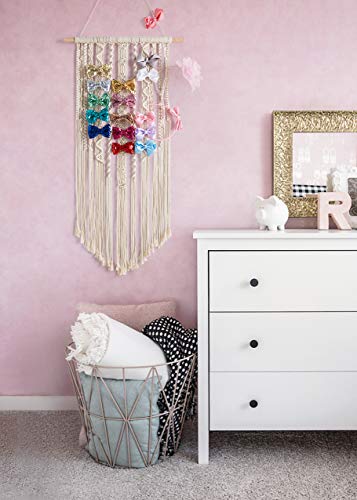 Mkono Macrame Bow Holder Hanging Hair Bow Organizer for Girls Hair Bows,Boho Wall Hair Clips Headband Storage Hanger for Baby Toddler Girls Room, Ivory (Clips and Other Props Not Included)