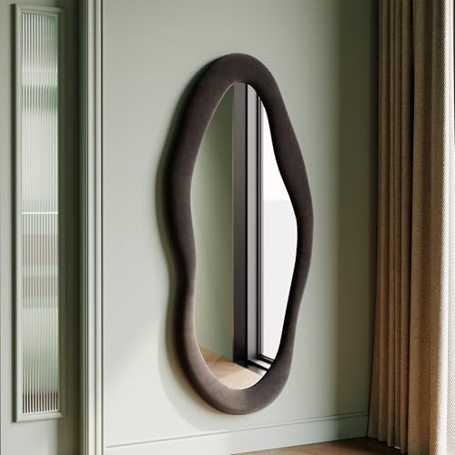 Honyee 55" x 24" Wavy Mirror, Flannel Wrapped Wooden Frame, Irregular Hanging for Cloakroom/Bedroom/Living Room, Black - color: Black, size: 55"L x 24"W