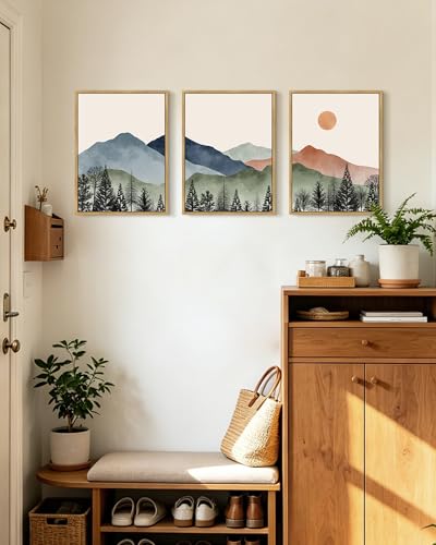 KUVIOKE Vintage Mountain Framed Wall Art Watercolor Nature Boho Sun Rise Paints Farmhouse Rustic Room Decor Ready to Hang 11x14in (Natural Framed) - color: Mountains and Forests, size: 11 x 14in x 3 Panels Natural